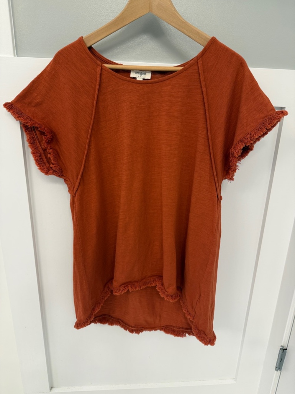 Umgee Short Sleeve Fringe Trim Tee in Rust Orange 100% Cotton